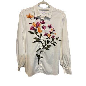 Chico's White Button Down Floral Print Long Sleeve Blouse